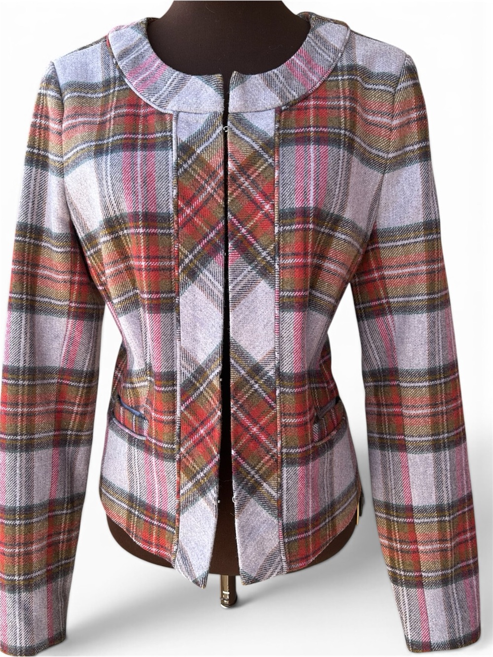 LANDS END s10 Plaid Collarless Jacket in Lavender/Brown-looks NEW